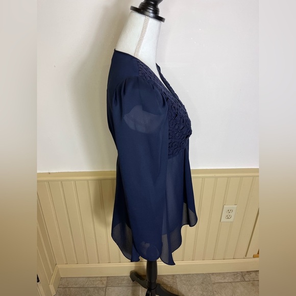 Cache Vintage Sheer Crochet Lace Top Navy Long Sleeve Romantic Womens Sz 6 - Picture 2 of 7